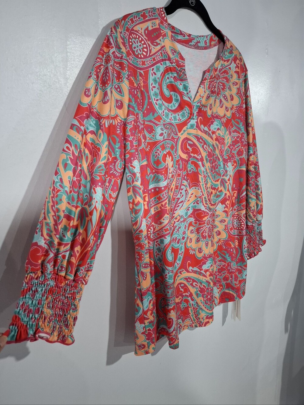 LOMON Paisley Multicolor V-Neck Tunic Top Smocked 3/4 Sleeves Soft Casual Sz M - Picture 4 of 15